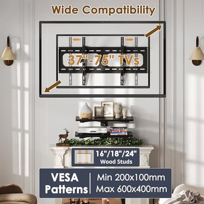 3-in-1 TV Wall Mount & Floating Shelves Kit, Fits 37–75" TVs, Wall-Mount TV Bracket with 2 Wooden Shelves, Max VESA 600×400 mm, for Living Room, Game Room, Bedroom