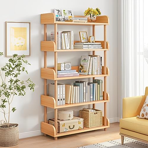 OSCHF 5-Tier Wooden Open Bookcase - Modern Display Bookshelf with Top Edge and Solid Wood Frame for Home and Office, Storage Cabinet, Oak - color: Oak, size: 5-tier
