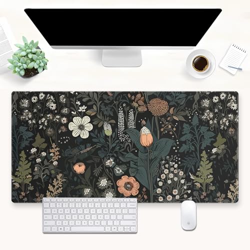 Extended Gaming Mouse Pad XL, Dark Botanical Floral Desk Mat Keyboard Pad | Beautiful large desk pad with a vintage dark botanical floral print. Ideal for aesthetic elegant setups. - color: Dark Floral