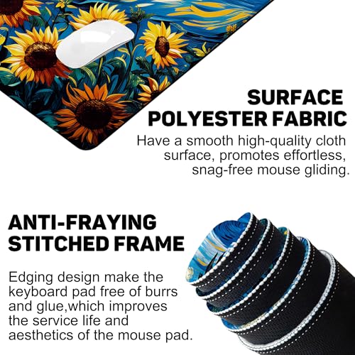 Starry Night and Sunflowers Gaming Mouse Pad with Stitched Edges Non-Slip Rubber Base Mouse Pad for Office,Computer,Keyboard,Laptop and Home Desk,31.5 x 11.8 Inch - color: Starry Night and Sunflowers, size: 11.8*31.5inch