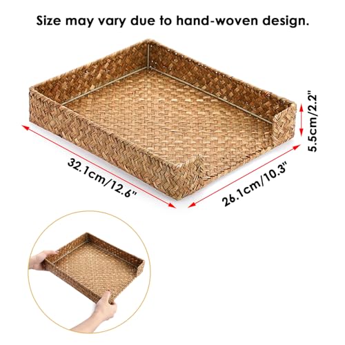 BTSKY Multipurpose A4 File Tray Natural Seagrass Desk Tray Organizer Woven Letter Size Desk Documents Trays Magazine Files Storage Basket Organizer Bin for Office Cosmetics Bathroom, Caramel