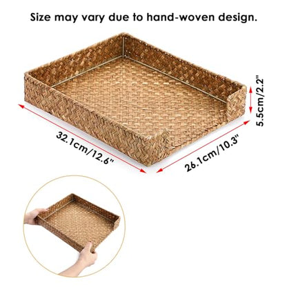 BTSKY Multipurpose A4 File Tray Natural Seagrass Desk Tray Organizer Woven Letter Size Desk Documents Trays Magazine Files Storage Basket Organizer Bin for Office Cosmetics Bathroom, Caramel