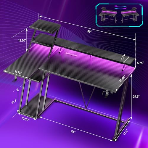 Korfile 40 Inch Gaming Desk with LED Lights & Power Outlet, L Shaped Computer Gaming Table with Storage Shelves, Reversible Corner Desk with Monitor Stand for Home Office, Carbon Fiber Black - size: 40 Inches