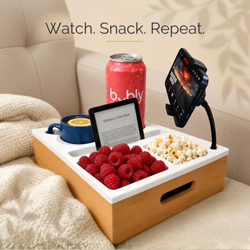 Couch Caddy with Cup Holder | Wood Couch Cup Holder Tray for Drinks, Snacks & Remotes | Sofa Couch Organizer with Phone & Cup Holder Tray (White) - color: White
