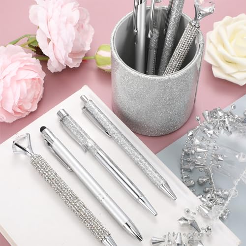 Sabary 8 Pcs Silver Pens with Pen Holder for Desk Glitter Crystal Diamond Cute Ballpoint Fancy Pencil Holder Bling Desk Organizer for Women Girls School Office Supplies Wedding Graduation Gifts - color: Silver