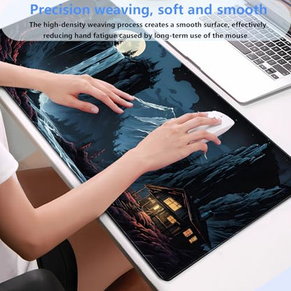 Full Moon Anime Desk Mat, Waterfall Mountain Extended Gaming Mouse Pad XL | Scenic large desk mat featuring a magical full moon, glowing waterfall, and snowy peaks. Perfect for cozy setups. - color: Full Moon
