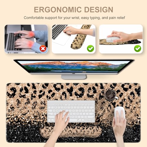 iLeadon Mouse Pad Set, Desk Mat + Mouse Pad with Wrist Rest + Keyboard Wrist Rest + Coaster, 4in1 Leopard Mouse and Keyboard Pad Set for Home Office, Black Gold Leopard - color: Black Gold Leopard