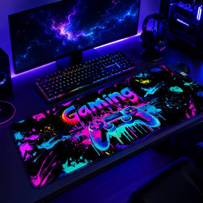 Gaming Mouse Pad, X-Large Waterproof Blacklight Colorful Splatter Art Game Controller Non-Slip Rubber Base Mousemat, Glow in the Dark Desk Mat for Office Home - 31.5 x 11.8 inches - color: Gamer A