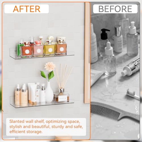 4 Pack Clear Acrylic Shelves for Wall with Adhesive,15 Inch No Drill Floating Shelves for Bathroom,Bedroom,Renter Friendly,Kids Room Bookshelf,Wall Display Shelf for Lego,Funko Pop,Figurine,Perfume - size: 15 Inch - 4 Pack