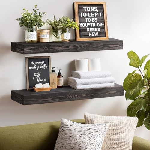36x3x7 inch Floating Shelves Wall Mounted - Set of 2 Black Rustic Solid Wood Wall Shelf - Heavy Duty Decorative Fireplace Mantel for Living Room, Bedroom, Bathroom, Kitchen - color: Black, size: 36x3x7-hollow-2pack