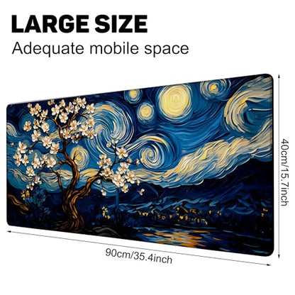 Starry Night Over A Blossom Tree Gaming Mouse Pad Large Desk Mat Extended Keyboard Anime Mousepad with Non-Slip Base and Stitched Edge for Desk Home Office Gaming,35.4 x 15.7 Inch - color: Starry Night over A Blossom Tree, size: 15.7*35.4inch