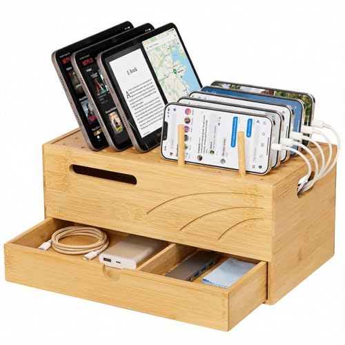 Homde Bamboo Charging Station Organizer: 2 Layer Charger Holder with Drawer for Office Home - Electronic Docking Stand for Multiple Devices, Tablets, Phones - color: Natural