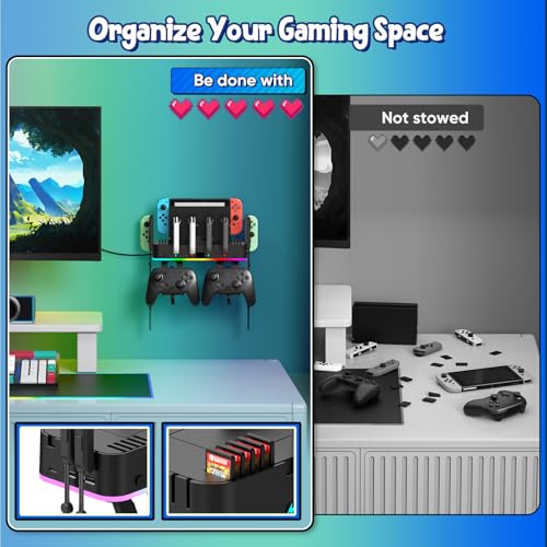 Switch/OLED Wall Mount with RGB,Switch Organizer with Holder,Charging Dock for Joycon with 15 Light Mode,2 USB Ports,4 Controller Charger,10 Card Slots - size: For Switch/OLED