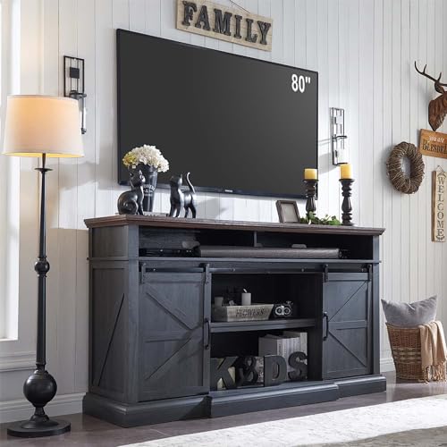 Farmhouse TV Stand for 80 Inch TVs, 37.4"Tall Entertainment Center w/Storage Cabinets and Sliding Barn Door, Media Console Cabinet w/Soundbar & Adjustable Shelves for Living Room, 70 inch (Dark Grey) - color: Dark Grey