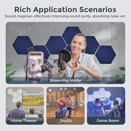 Self-Adhesive Acoustic Panels [390 lbs/yd³ Ultra-High Density], 2nd Generation Sound Absorbing Panel, Professional Level Sound Panel, Polyester Soundproof Foam [Medium Hexagon, White & Dark Blue] - color: White & Dark Blue, size: Medium Hexagon (12''x10''