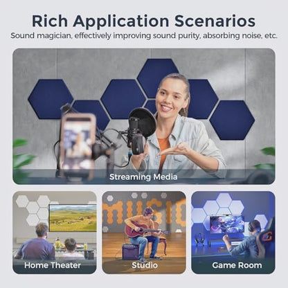 Self-Adhesive Acoustic Panels [390 lbs/yd³ Ultra-High Density], 2nd Generation Sound Absorbing Panel, Professional Level Sound Panel, Polyester Soundproof Foam [Medium Hexagon, White & Dark Blue] - color: White & Dark Blue, size: Medium Hexagon (12''x10''