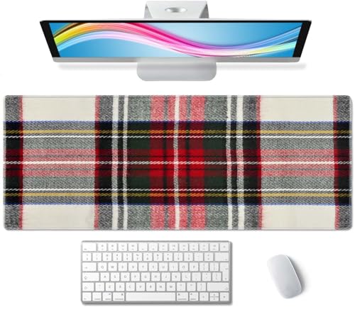 Gaming Mouse Pad, Large Non-Slip Rubber Base Mousepad, Keyboard Mouse Mat, Desk Pad with Stitched Edges, 31.5x11.8inch, Red and White Plaid - color: Red and White Plaid
