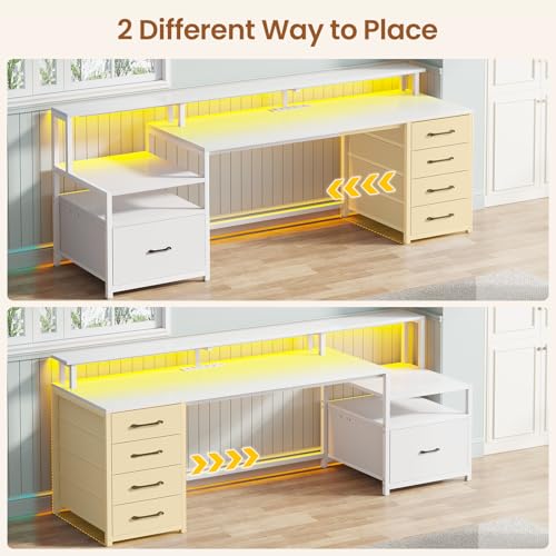 SEDETA White Computer Desk with 5 Drawer & Power Outlet, 66'' Home Office Desk with File Drawer, Storage Shelves, Printer Cabinet and Monitor Shelf, Gaming Desk with Led Lights - color: White With Led Lights, size: 67X18.5inch