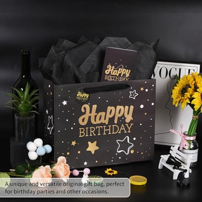 Powbrace Black Birthday Gift Bag with Tissue Paper and Greeting Card, 13'x10.2'x4.9', Medium (1-Piece Set, Black Starry Sky, Unisex, Includes Card, Ribbon, Crinkle Paper) - color: 1 PCS Black Gift Bag, size: 1 Count (Pack of 1)