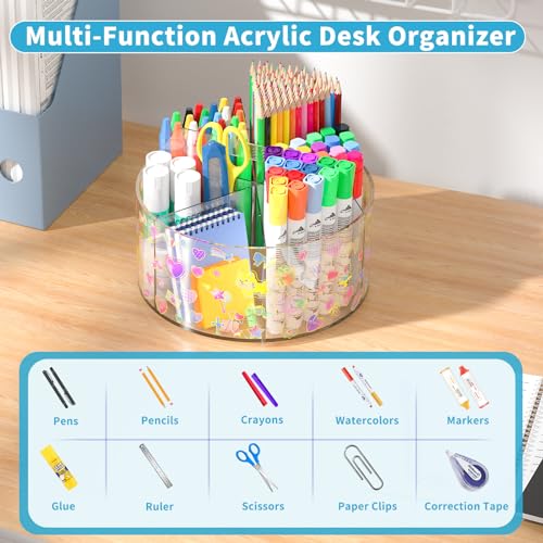 Acrylic Pen Holder with 2 Adhesive DIY Stickers, Desk Organizer Marker Holder with Cute Sticker, 360 Degree Office Supply Organizer Clear Pencil Holder Kid Art Supply Storage Organizer 6 Compartments - size: Large x2 sticker