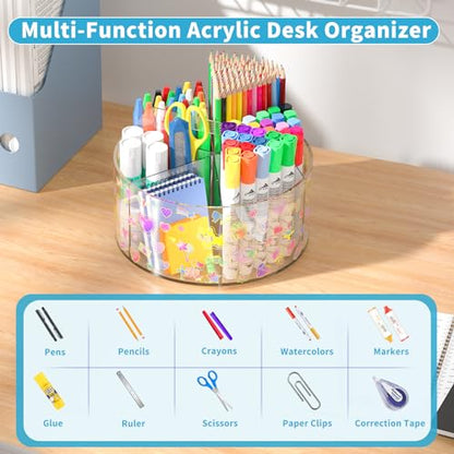 Acrylic Pen Holder with 2 Adhesive DIY Stickers, Desk Organizer Marker Holder with Cute Sticker, 360 Degree Office Supply Organizer Clear Pencil Holder Kid Art Supply Storage Organizer 6 Compartments - size: Large x2 sticker