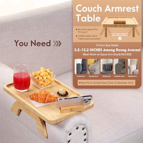 SINWANT Couch Arm Tray,Bamboo Sofa Clip on Side Table,Foldable Couch Armrest Table with 360°Rotating Phone Holder,Anti Slip Food Trays for Eating/Drinks/Snacks/Remotes 15.35" x 9.85" - color: Natural