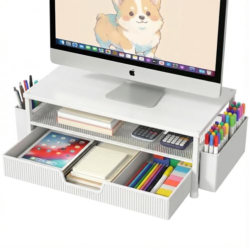 ECOLOVI Desk Organizer and Accessories, 2-Tier Computer Monitor Stand Rise with Storage Drawer & 2 Pen Holders, Laptop & Printer Stand for Desktop, Workspace Organizers for Office Supplies (White) - color: White