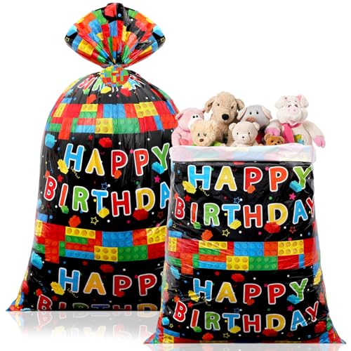 gisgfim 1Pcs Extra Large Birthday Plastic Gift Bags 37x56 Inch Oversized Party Gift Wrapping Bag Building Block Theme Party Decorations for Kids Boys Girls Happy Birthday Baby Shower Holiday Supplies - style: Building Block