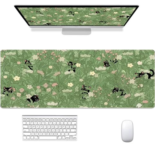 Gaming Mouse Pad XXL Extended Anime Mouse Pad 31.5x11.8 inch, Large Cute Kawaii Big Computer Mouse Mat Desk Pad with Non-Slip Rubber Base and Stitched Edge for Home Office-Cat in Grass - color: Cat in Grass, size: 31.5L x 11.8W inches