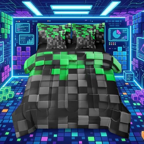 Pixelated Black Green 7 Piece Bedding Set Twin Size ,Geometric Check Video Games Bed in a Bag for Boys Girls ,Gamepad Grid Comforter Set with Sheets,Pillowcases & Cushion Cover Microfiber Room Decor - color: Black Green, size: Twin