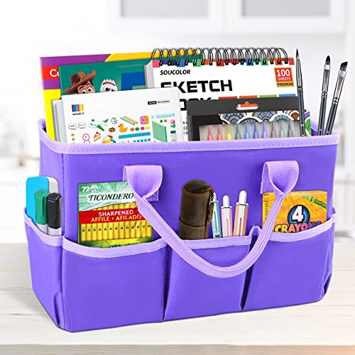 Desktop Tote and Organizer, Teacher Helper caddy Bag for Arts, Books, Stationery, Office Desk Organization, Make-up Storage with Handles for Travel (Purple) - color: PURPLE