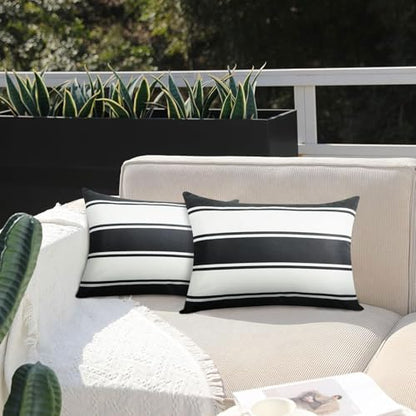 Adabana Outdoor Waterproof Pillow for Chaise Lounge Chair 2 Pack Black and White Stripe Headrest Pillow Lumbar Adjustable Strap for Beach Poolside Patio Office Patio Garden - color: White and Black Stripes