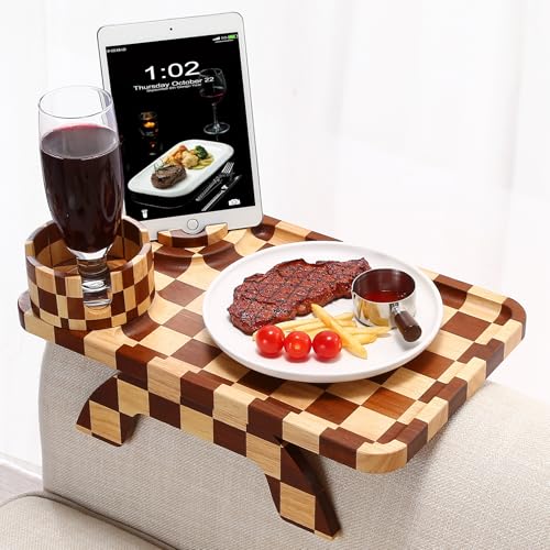Nnewvante Couch Armrest Tray,3 in 1 Large 15.36"x9.85" Rubberwood Sofa Arm Cup Holder Clip on Side Table with 360°Rotated Phone/Drink Holder - color: Checkered