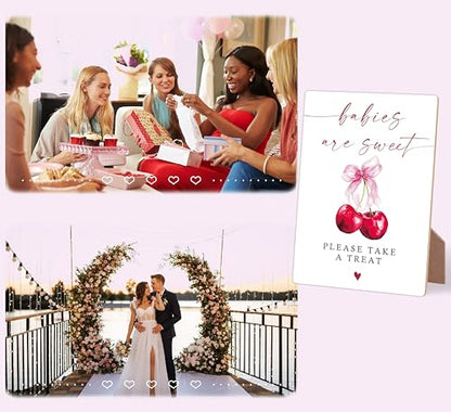 Cherry Baby Shower Signs for Reception, Pink Bow Babies Are Sweet Please Take A Treat Sign, Berry Wooden Signs with Stand, Pink Bow Theme Gender Reveal, Newborn Announcement Party Supplies, 13 - color: Cheery13
