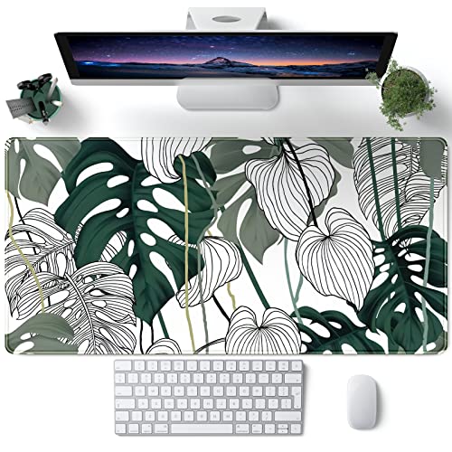 Desk Mat Green Plant Leaf Large Mouse Pad Desk Pad Tropical Boho Desk Accessories for Women Office Decor Laptop Keyboard Mouse Mat XXL Mousepad 31.5''X15.7'' Non-Slip Rubber Base with Stitched Edges - color: A Green Leaf