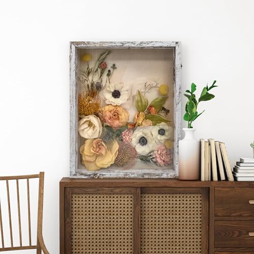 GraduationMall 16x20 Wood Shadow Box Frame Glass Door Display Case with Linen Back and 6 Stick Pins,1.5 inches Interior Depth,Ideal for Memorabilia Pictures Flowers Medals Tickets Rustic White - color: Rustic White, size: 16x20