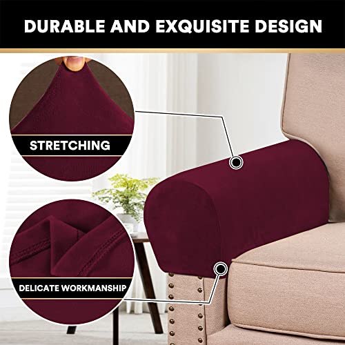 PrinceDeco 4 Pack Thick Velvet Stretch Armrest Covers for Chairs and Sofas Armchair Covers for Arms Couch Arm Covers Armrest Covers for Sofa Non Slip, Burgundy - color: Burgundy