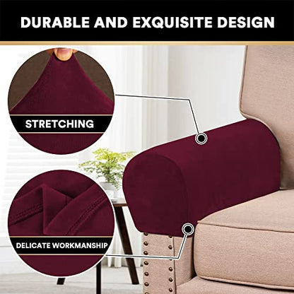 PrinceDeco 4 Pack Thick Velvet Stretch Armrest Covers for Chairs and Sofas Armchair Covers for Arms Couch Arm Covers Armrest Covers for Sofa Non Slip, Burgundy - color: Burgundy