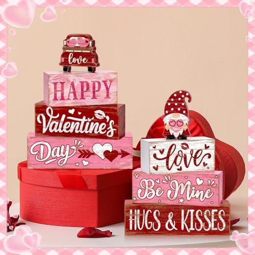 8Pcs Valentine's Day Table Decor Set, Rustic Wooden Love Hugs & Kisses and Happy Valentine's Day Tiered Tray Decorations, Farmhouse Wooden Stack Block Signs with Hearts Gnome for Home Kitchen Office - style: Pink Gnome Valentine's Day