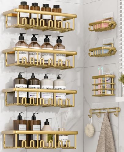 8 Pack Adhesive Rustproof Shower Caddy with Soap Dishes, Toothbrush Holder & Hooks, Large Capacity No-Drilling Shower Shelves Rack for Bathroom Organizers and Storage Accessories, Gold - color: Gold