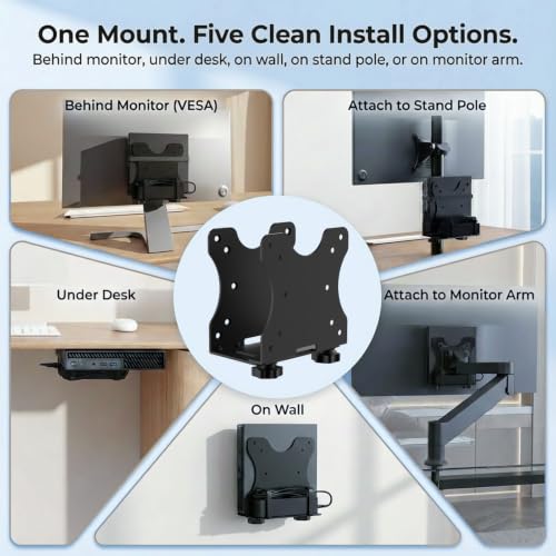 Yimaut Adjustable Mini PC Mount Bracket, VESA 75x75 & 100x100, Supports up to 12 lbs, Mount Behind Monitor, Under Desk, Wall, Monitor Arm or Stand Pole, Thin Client CPU Holder, Fits 0.63–2.76 in Wide