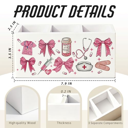 Pink Preppy Bow Nurse Pen Pencil Holder for Desk, Nurse Appreciation Gifts, Nursing Week Gifts for Women, Nursing Wooden Box Sign Decorations for Home Office Workplace Desk Tabletop - color: Pink Preppy Bow Nurse(white)
