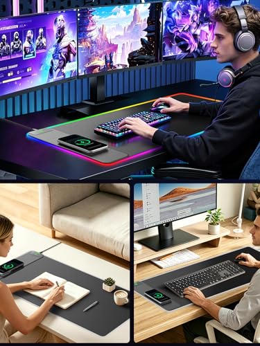 Wireless Charging Mouse Pad Gaming, 31.5"x15.8" Large Desk Mat, Waterproof | RGB Mousepad, Smooth Glide, Stitched Edge, Non-Slip Rubber Base, Desk Pad Computer Keyboard Mat, No Adapter