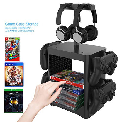 Multifunctional Game Disk Storage Tower Holder,Game Disk Rack and Controller/Headset Stand Holder Compatible with Xbox Series X/Nintendo Switch/PS5/PS4 - color: black