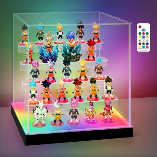 Acrylic Display Case with RGBW LED Light, 5 Tier Clear Display Box, Dustproof Display Cabinet Shelf for Action Figures and Collectibles, Mini Toys, Assembly Showcase (11.81x11.02x12.99in) - size: 5 Tier 11.81x11.02x12.99in