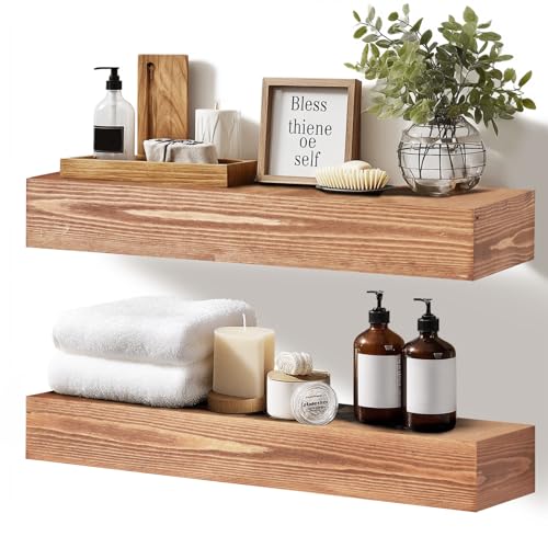 17x3x7 inch Floating Shelves Wall Mounted - Set of 2 Wood Rustic Solid Wood Wall Shelf - Heavy Duty Decorative Fireplace Mantel for Living Room, Bedroom, Bathroom, Kitchen - color: Wood, size: 17x3x7-hollow-2pack