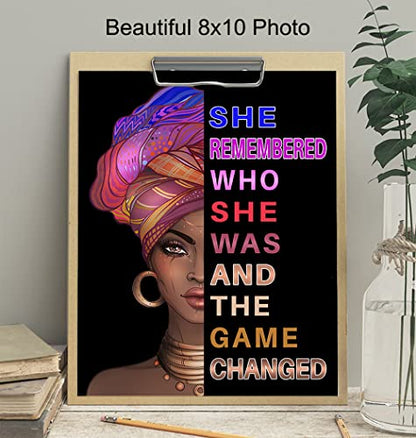African American Woman Black Art - She Remembered Who She Was And The Game Changed - Inspirational Wall Decor - Positive Quotes - Encouragement Gifts for Women - Motivational Posters