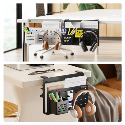 PEGZONE Desk Side Storage Organizer, No Drill Under Desk Laptop Holder, Clamp on Desks Shelf with Pegboard Accessories, Hanging Laptop Mount, Fits Flat Edge 0.4" to 2.2", Black - color: Black