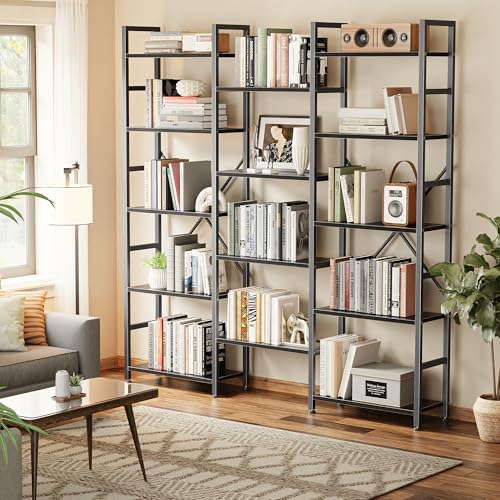 SUPERJARE Triple Bookshelf, Bookcase with 14 Open Display Shelves, Wide Book Shelf Book Case for Home & Office, 5 Tier, Black - color: Black, size: 5 Tier