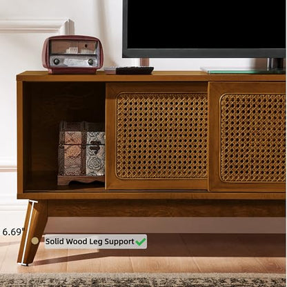 LKTART Mid Century Modern Rattan TV Stand for 65 Inch TV,59" Boho Media Console with Sliding Doors & Open Shelves,Solid Wood Legs for Living Room,Light Walnut - color: 59" Light Walnut